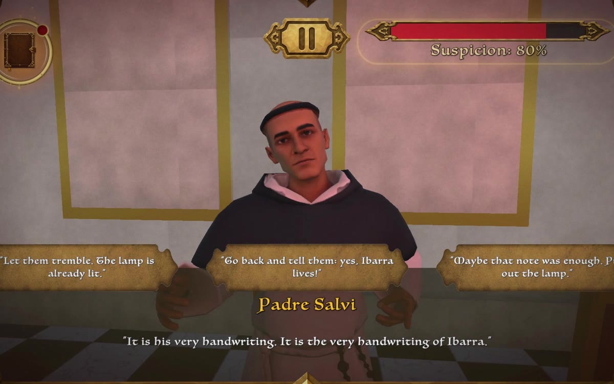 In the game: Padre Salvi questions Simoun while the suspicion meter climbs